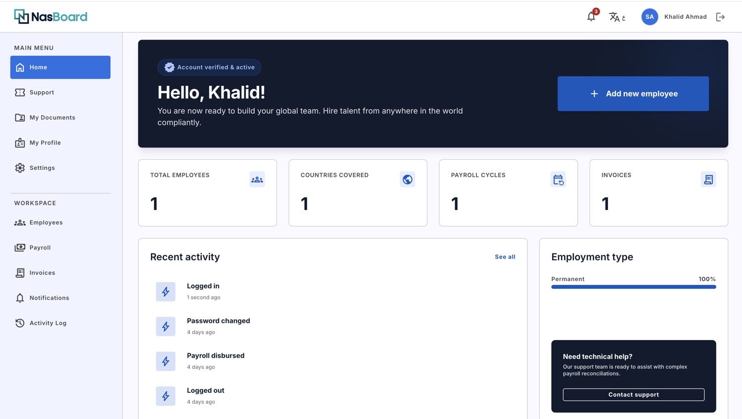 The NasBoard dashboard showing employees, countries covered, payroll cycles and recent activity