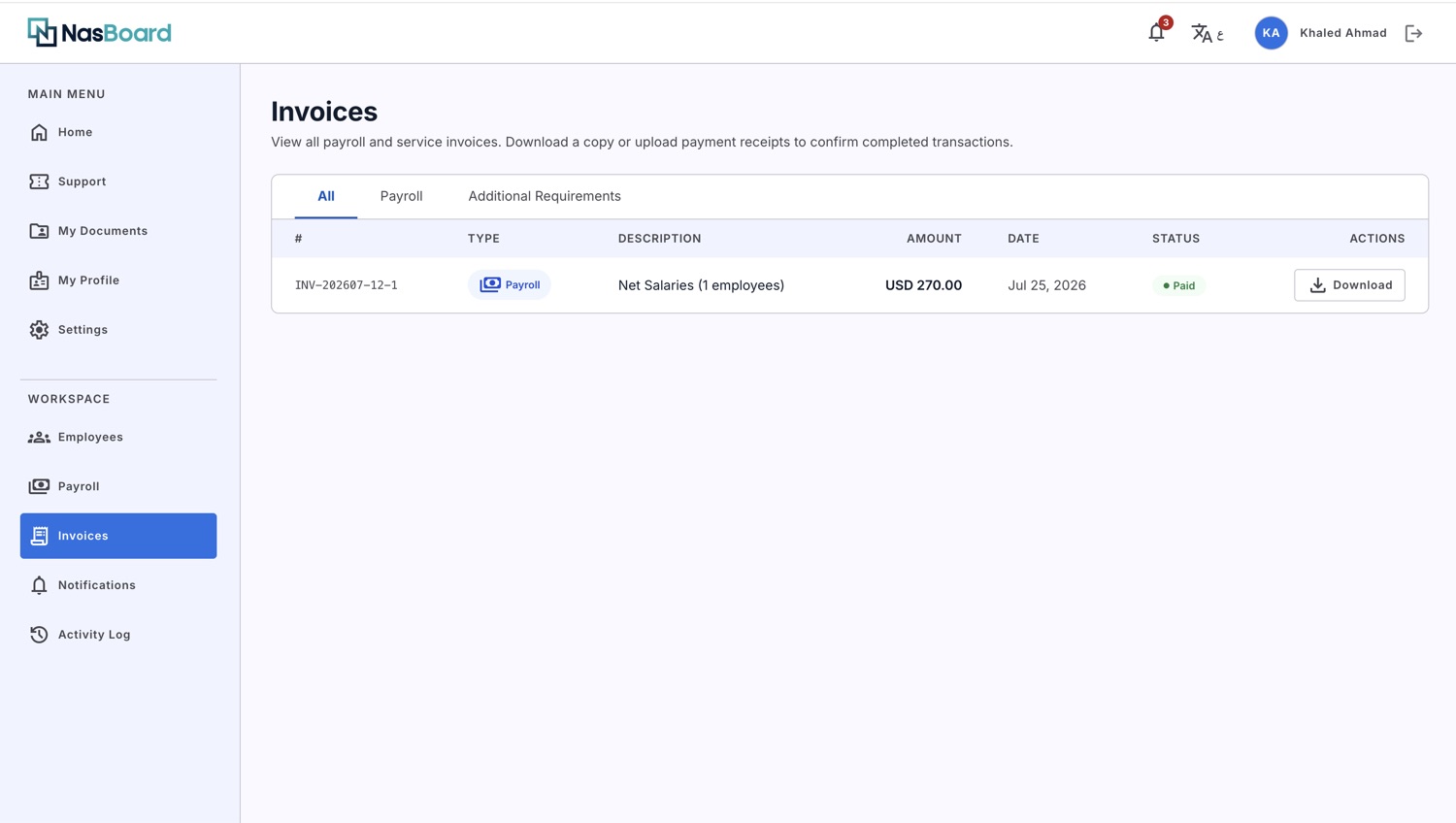 NasBoard invoices: one monthly payroll invoice, paid