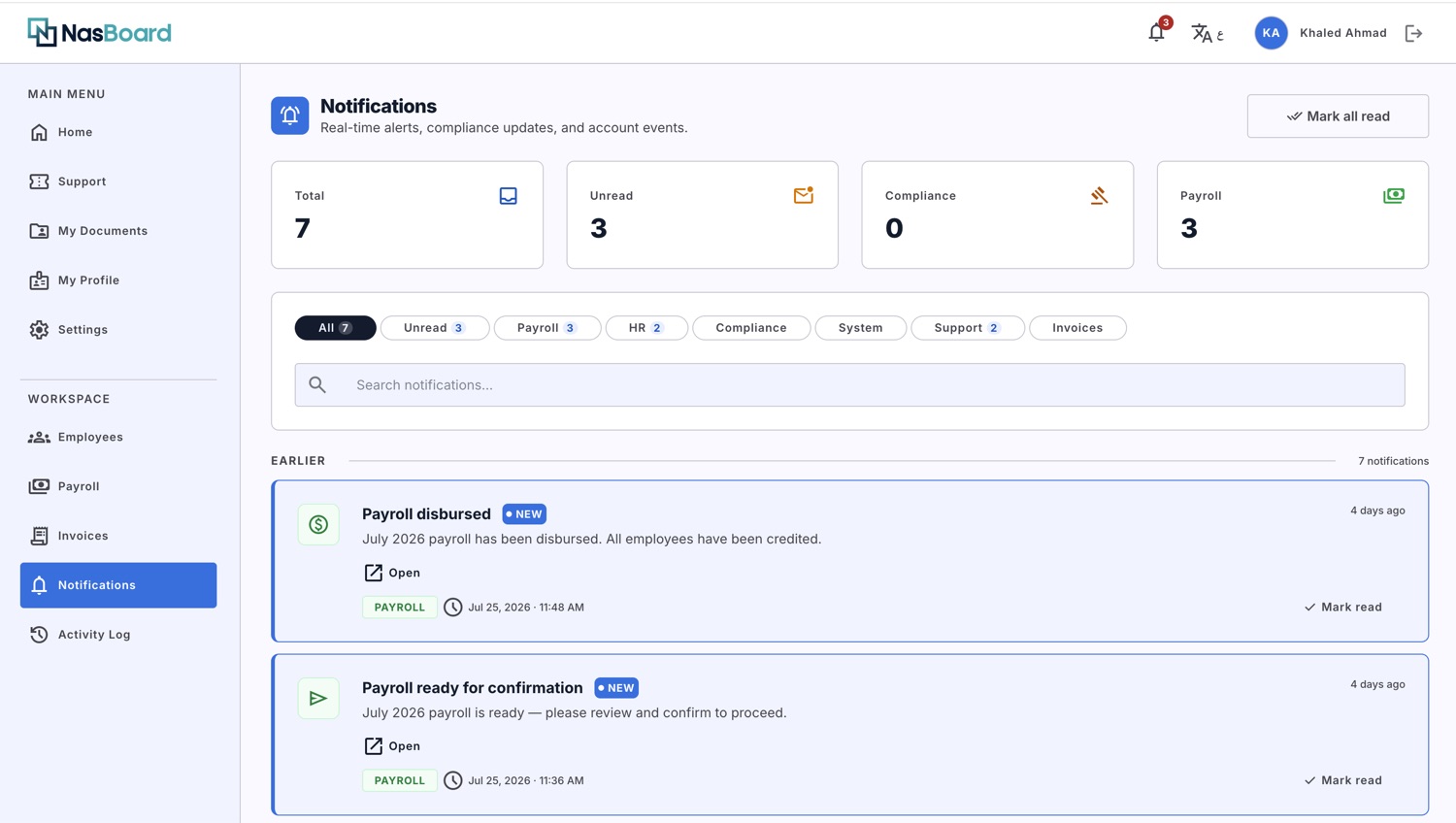 NasBoard notifications: payroll, HR and compliance events in one feed