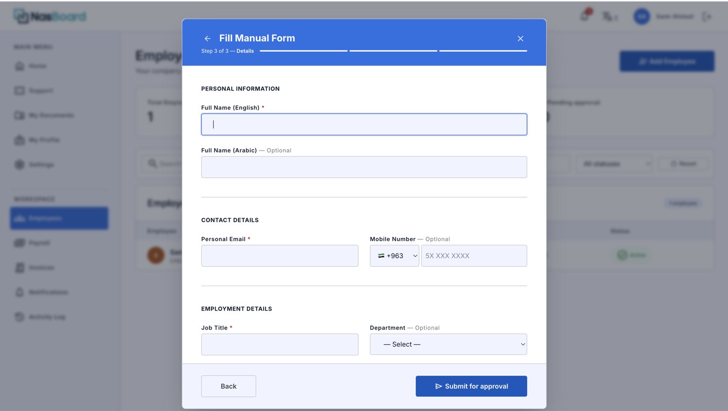 Adding an employee in NasBoard: personal information, contact details and employment details