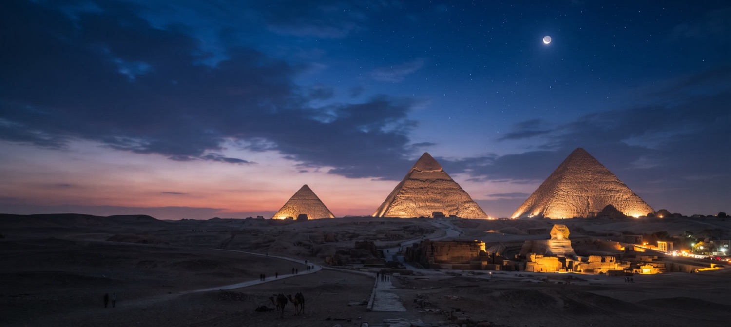 The pyramids of Giza lit at dusk under a crescent moon